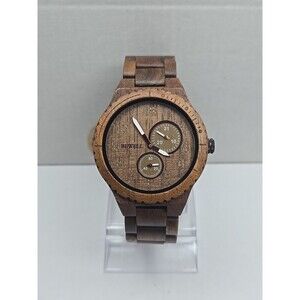 Bewell Black Walnut Wooden Watch Quartz Date Seconds Subdials Brown New Battery